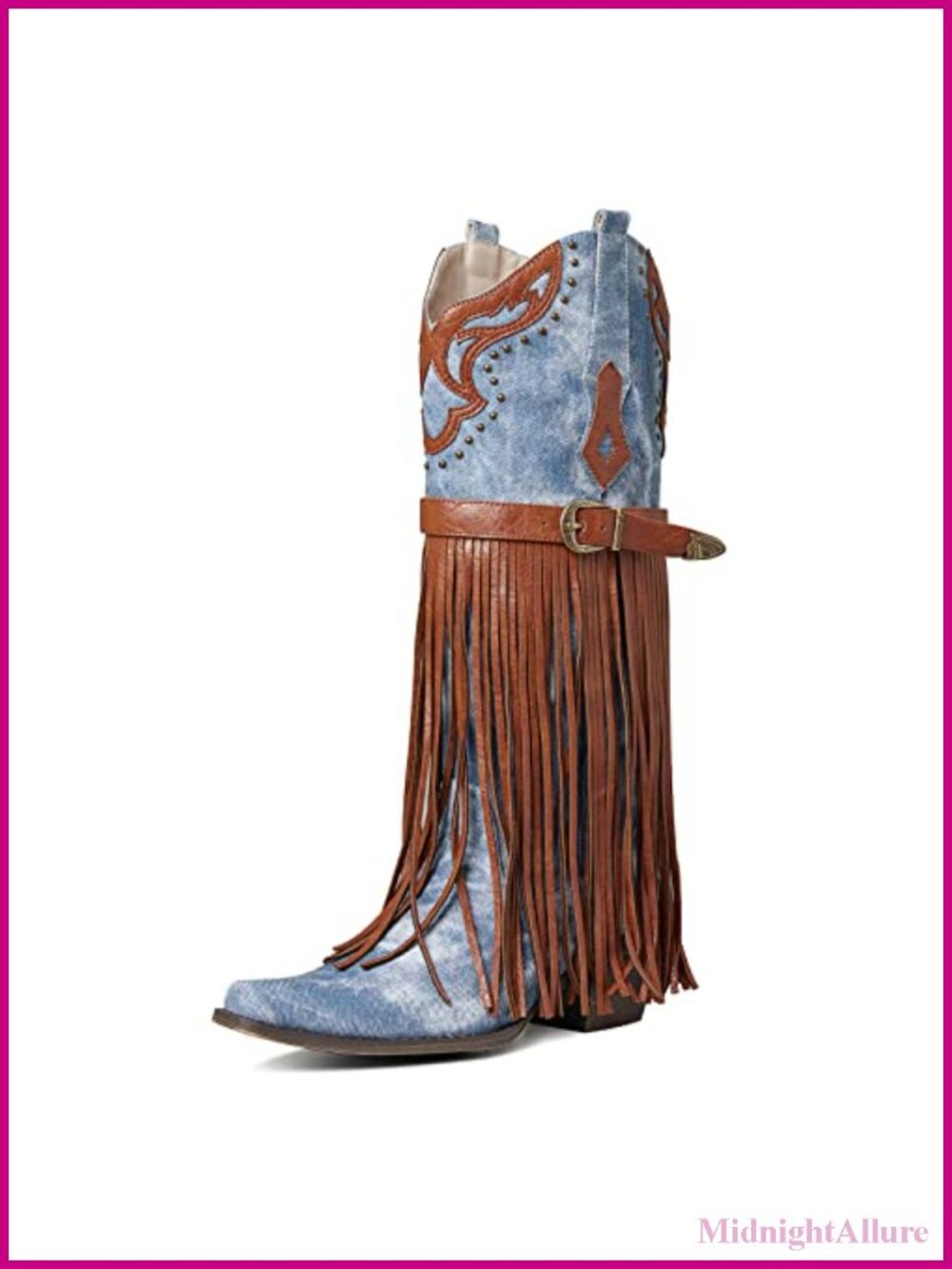 Pointed Toe Western Bootie Embroidered Fringe Pull-On Chunky Heel Mid-Calf